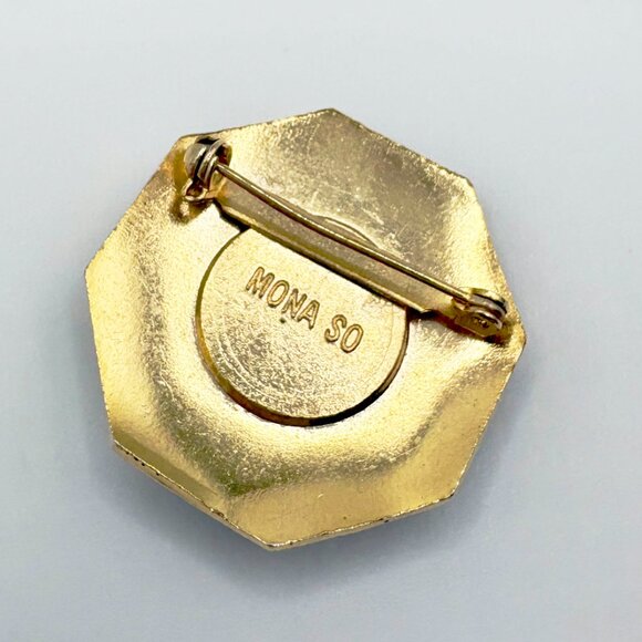 Vintage 1980s Flower Brooch Black and Gold Signed MONA SO Excellent Condition - Picture 2 of 2